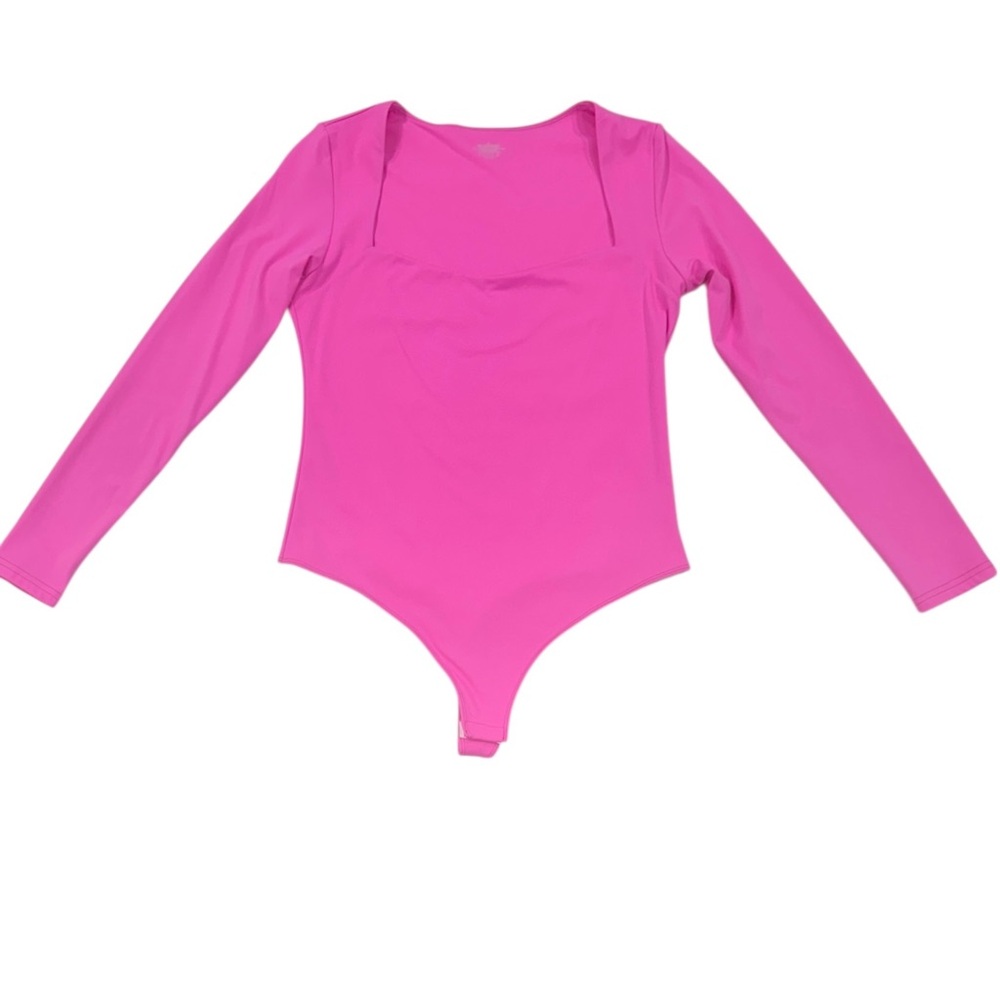 NWOT Vibrant Bold Barbie Pink Square Neck Long Sleeve Thong Bodysuit XL
